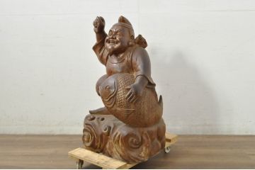 和製アンティーク　時代物!!　特大!!　欅(ケヤキ)材　在銘　作家物　恵比寿様と大黒様のセット(置物、ディスプレイ、木彫り、置き物)(R-080382)