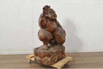 和製アンティーク　時代物!!　特大!!　欅(ケヤキ)材　在銘　作家物　恵比寿様と大黒様のセット(置物、ディスプレイ、木彫り、置き物)(R-080382)