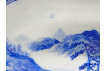 陶玉園　五助製　瀬戸焼　染付　楼閣山水図　約18cm　5.7寸　緻密に描かれたデザインが美しい鉢(風景、深皿、和皿、中皿、変形皿、深鉢、和食器、裏印、五寸七分)(R-080400)