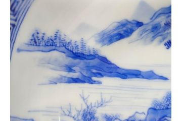 陶玉園　五助製　瀬戸焼　染付　楼閣山水図　約18cm　5.7寸　緻密に描かれたデザインが美しい鉢(風景、深皿、和皿、中皿、変形皿、深鉢、和食器、裏印、五寸七分)(R-080400)