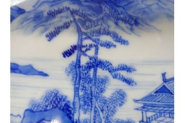 陶玉園　五助製　瀬戸焼　染付　楼閣山水図　約18cm　5.7寸　緻密に描かれたデザインが美しい鉢(風景、深皿、和皿、中皿、変形皿、深鉢、和食器、裏印、五寸七分)(R-080400)