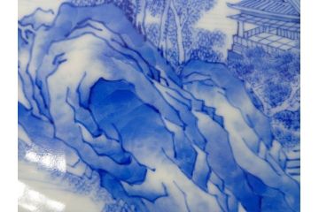 陶玉園　五助製　瀬戸焼　染付　楼閣山水図　約18cm　5.7寸　緻密に描かれたデザインが美しい鉢(風景、深皿、和皿、中皿、変形皿、深鉢、和食器、裏印、五寸七分)(R-080400)