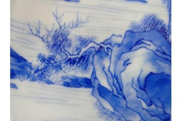 陶玉園　五助製　瀬戸焼　染付　楼閣山水図　約18cm　5.7寸　緻密に描かれたデザインが美しい鉢(風景、深皿、和皿、中皿、変形皿、深鉢、和食器、裏印、五寸七分)(R-080400)
