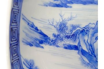 陶玉園　五助製　瀬戸焼　染付　楼閣山水図　約18cm　5.7寸　緻密に描かれたデザインが美しい鉢(風景、深皿、和皿、中皿、変形皿、深鉢、和食器、裏印、五寸七分)(R-080400)