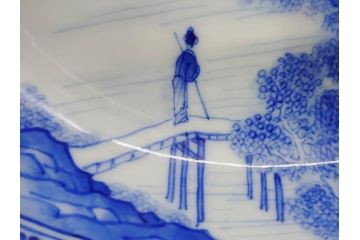 陶玉園　五助製　瀬戸焼　染付　楼閣山水図　約18cm　5.7寸　緻密に描かれたデザインが美しい鉢(風景、深皿、和皿、中皿、変形皿、深鉢、和食器、裏印、五寸七分)(R-080400)