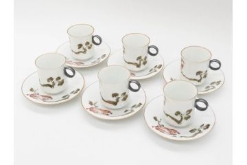 戦前　オールド香蘭社　有田焼　色絵　金彩　落ち着いた佇まいのカップ&ソーサー6客セット(カラスウリ?、植物、C&S、碗皿、洋食器、裏印)(R-080402)