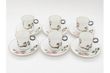戦前　オールド香蘭社　有田焼　色絵　金彩　落ち着いた佇まいのカップ&ソーサー6客セット(カラスウリ?、植物、C&S、碗皿、洋食器、裏印)(R-080402)