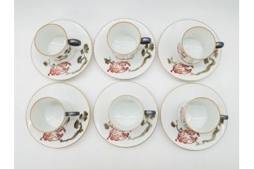 戦前　オールド香蘭社　有田焼　色絵　金彩　落ち着いた佇まいのカップ&ソーサー6客セット(カラスウリ?、植物、C&S、碗皿、洋食器、裏印)(R-080402)