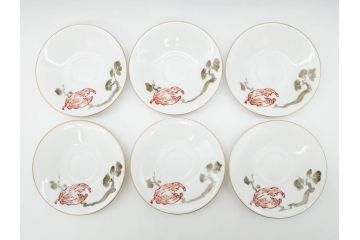 戦前　オールド香蘭社　有田焼　色絵　金彩　落ち着いた佇まいのカップ&ソーサー6客セット(カラスウリ?、植物、C&S、碗皿、洋食器、裏印)(R-080402)