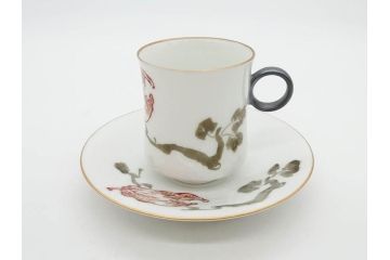 戦前　オールド香蘭社　有田焼　色絵　金彩　落ち着いた佇まいのカップ&ソーサー6客セット(カラスウリ?、植物、C&S、碗皿、洋食器、裏印)(R-080402)