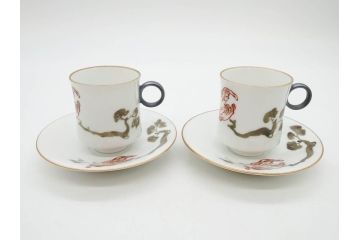 戦前　オールド香蘭社　有田焼　色絵　金彩　落ち着いた佇まいのカップ&ソーサー6客セット(カラスウリ?、植物、C&S、碗皿、洋食器、裏印)(R-080402)