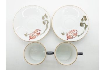 戦前　オールド香蘭社　有田焼　色絵　金彩　落ち着いた佇まいのカップ&ソーサー6客セット(カラスウリ?、植物、C&S、碗皿、洋食器、裏印)(R-080402)