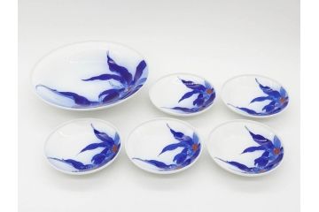 戦前　オールド香蘭社　有田焼　染錦　万年青　(大)約25cm　8寸/(小)約14cm　4.5寸　お料理を引き立ててくれる大皿&小皿5枚セット(おもと、オモト、植物、和皿、和食器、裏印、八寸、四寸五分)(R-080403)