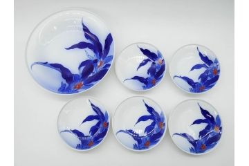 戦前　オールド香蘭社　有田焼　染錦　万年青　(大)約25cm　8寸/(小)約14cm　4.5寸　お料理を引き立ててくれる大皿&小皿5枚セット(おもと、オモト、植物、和皿、和食器、裏印、八寸、四寸五分)(R-080403)