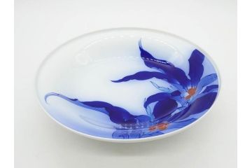 戦前　オールド香蘭社　有田焼　染錦　万年青　(大)約25cm　8寸/(小)約14cm　4.5寸　お料理を引き立ててくれる大皿&小皿5枚セット(おもと、オモト、植物、和皿、和食器、裏印、八寸、四寸五分)(R-080403)