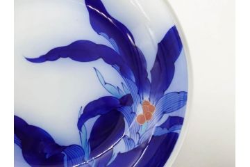 戦前　オールド香蘭社　有田焼　染錦　万年青　(大)約25cm　8寸/(小)約14cm　4.5寸　お料理を引き立ててくれる大皿&小皿5枚セット(おもと、オモト、植物、和皿、和食器、裏印、八寸、四寸五分)(R-080403)