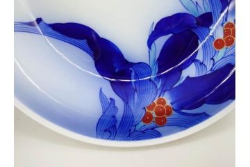 戦前　オールド香蘭社　有田焼　染錦　万年青　(大)約25cm　8寸/(小)約14cm　4.5寸　お料理を引き立ててくれる大皿&小皿5枚セット(おもと、オモト、植物、和皿、和食器、裏印、八寸、四寸五分)(R-080403)