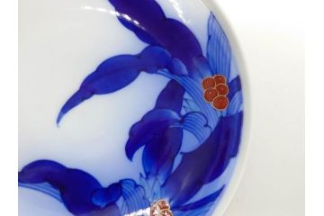 戦前　オールド香蘭社　有田焼　染錦　万年青　(大)約25cm　8寸/(小)約14cm　4.5寸　お料理を引き立ててくれる大皿&小皿5枚セット(おもと、オモト、植物、和皿、和食器、裏印、八寸、四寸五分)(R-080403)