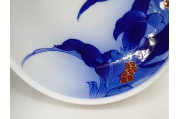 戦前　オールド香蘭社　有田焼　染錦　万年青　(大)約25cm　8寸/(小)約14cm　4.5寸　お料理を引き立ててくれる大皿&小皿5枚セット(おもと、オモト、植物、和皿、和食器、裏印、八寸、四寸五分)(R-080403)
