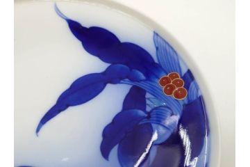 戦前　オールド香蘭社　有田焼　染錦　万年青　(大)約25cm　8寸/(小)約14cm　4.5寸　お料理を引き立ててくれる大皿&小皿5枚セット(おもと、オモト、植物、和皿、和食器、裏印、八寸、四寸五分)(R-080403)