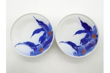 戦前　オールド香蘭社　有田焼　染錦　万年青　(大)約25cm　8寸/(小)約14cm　4.5寸　お料理を引き立ててくれる大皿&小皿5枚セット(おもと、オモト、植物、和皿、和食器、裏印、八寸、四寸五分)(R-080403)