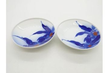 戦前　オールド香蘭社　有田焼　染錦　万年青　(大)約25cm　8寸/(小)約14cm　4.5寸　お料理を引き立ててくれる大皿&小皿5枚セット(おもと、オモト、植物、和皿、和食器、裏印、八寸、四寸五分)(R-080403)