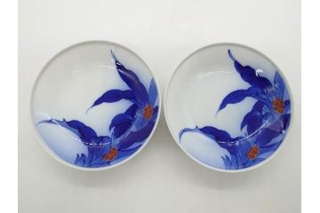 戦前　オールド香蘭社　有田焼　染錦　万年青　(大)約25cm　8寸/(小)約14cm　4.5寸　お料理を引き立ててくれる大皿&小皿5枚セット(おもと、オモト、植物、和皿、和食器、裏印、八寸、四寸五分)(R-080403)