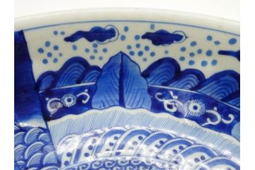 江戸〜明治期　永楽年製　古伊万里　染付　大皿　深鉢　深皿　約38cm　1尺2寸　緻密な絵付けが魅力の鉢(花、人物、風景、窓絵、青花、和食器、和皿、尺皿、一尺二寸)(R-080405)