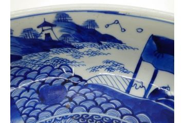 江戸〜明治期　永楽年製　古伊万里　染付　大皿　深鉢　深皿　約38cm　1尺2寸　緻密な絵付けが魅力の鉢(花、人物、風景、窓絵、青花、和食器、和皿、尺皿、一尺二寸)(R-080405)