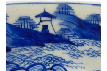 江戸〜明治期　永楽年製　古伊万里　染付　大皿　深鉢　深皿　約38cm　1尺2寸　緻密な絵付けが魅力の鉢(花、人物、風景、窓絵、青花、和食器、和皿、尺皿、一尺二寸)(R-080405)