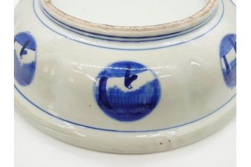 江戸〜明治期　永楽年製　古伊万里　染付　大皿　深鉢　深皿　約38cm　1尺2寸　緻密な絵付けが魅力の鉢(花、人物、風景、窓絵、青花、和食器、和皿、尺皿、一尺二寸)(R-080405)