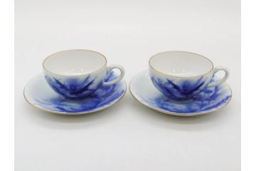 戦前　オールド香蘭社　有田焼　染付　アザミ　清楚な美しさが際立つカップ&ソーサー6客セット(薊、花、C&S、洋食器、裏印、共箱付き)(R-080410)