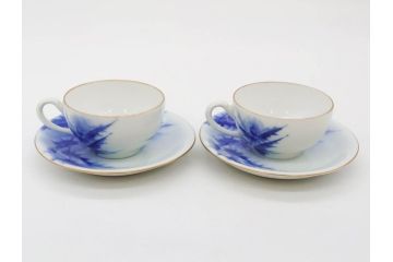 戦前　オールド香蘭社　有田焼　染付　アザミ　清楚な美しさが際立つカップ&ソーサー6客セット(薊、花、C&S、洋食器、裏印、共箱付き)(R-080410)