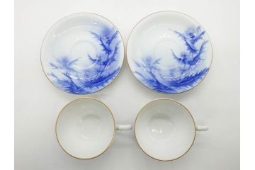 戦前　オールド香蘭社　有田焼　染付　アザミ　清楚な美しさが際立つカップ&ソーサー6客セット(薊、花、C&S、洋食器、裏印、共箱付き)(R-080410)