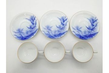 戦前　オールド香蘭社　有田焼　染付　アザミ　清楚な美しさが際立つカップ&ソーサー6客セット(薊、花、C&S、洋食器、裏印、共箱付き)(R-080410)
