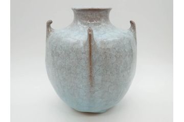 高麗陶房　宮岡英夫　高さ 約26cm　思わず見惚れる美しい佇まいの氷華紋四角壷(壺、花器、花入、花生、裏印、共布付き、共箱付き)(R-080412)