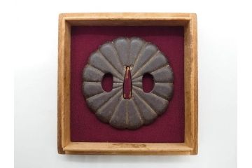 時代武具　鉄地　菊花図　和の味わい深い鍔(花、彫刻、刀装具、ケース付き)(R-080413)
