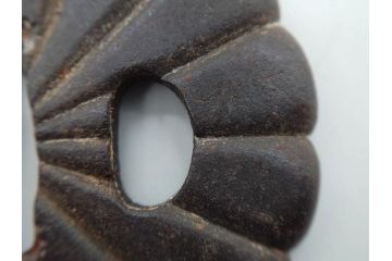 時代武具　鉄地　菊花図　和の味わい深い鍔(花、彫刻、刀装具、ケース付き)(R-080413)