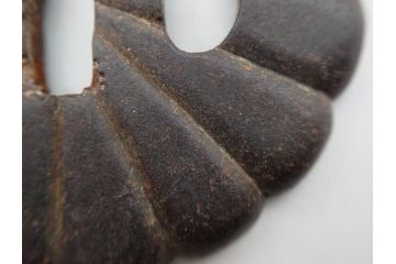 時代武具　鉄地　菊花図　和の味わい深い鍔(花、彫刻、刀装具、ケース付き)(R-080413)