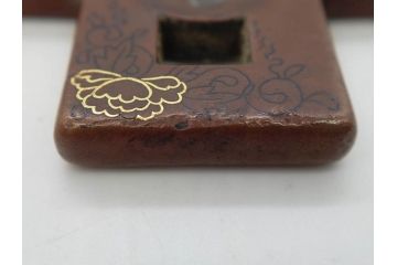 時代武具　素銅　金象嵌　十字　技巧を凝らした鍔(キリシタン、花、彫刻、刀装具、ケース付き)(R-080414)