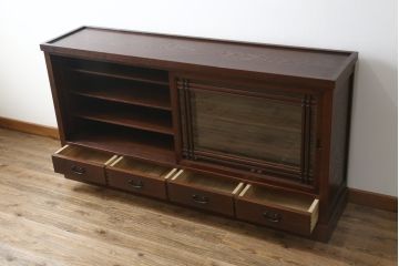 中古　美品!!　国産職人手造り　タモ材　桐(キリ)材　風雅　和洋どちらの空間にも馴染みやすい上質な作りの水屋箪笥サイドボード(収納棚、戸棚、サイドキャビネット、食器棚)(R-080419)