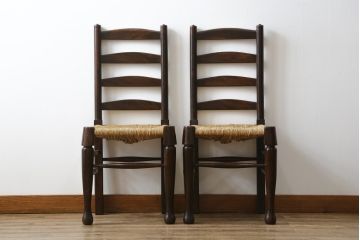 和製ビンテージ　松本民芸家具　ラダーバックがお洒落なラッシチェア2脚セット(ダイニングチェア、椅子、イス、ヴィンテージ、バラ売り可能)(R-080428)