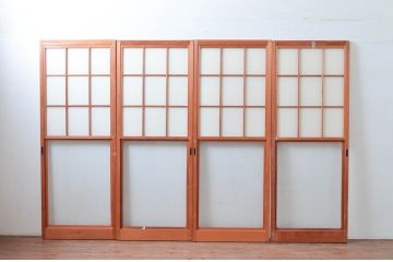 アンティーク建具　和の空間づくりにおすすめの擦り上げ幅狭障子戸4枚セット(擦り上げ障子戸、擦上障子戸、雪見障子戸、引き戸)(R-080452)