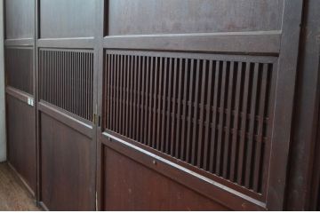 アンティーク建具　和の趣溢れるガラス入り格子帯戸4枚セット(引き戸、格子戸)(R-080457)
