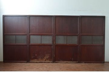 アンティーク建具　和の趣溢れるガラス入り格子帯戸4枚セット(引き戸、格子戸)(R-080457)