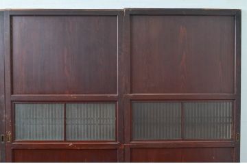 アンティーク建具　和の趣溢れるガラス入り格子帯戸4枚セット(引き戸、格子戸)(R-080457)