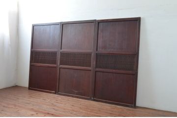 アンティーク建具　和の趣溢れるガラス入り格子帯戸3枚セット(引き戸、格子戸)(R-080458)