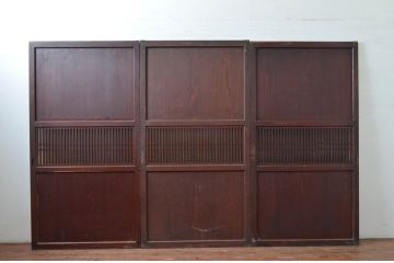 アンティーク建具　和の趣溢れるガラス入り格子帯戸3枚セット(引き戸、格子戸)(R-080458)