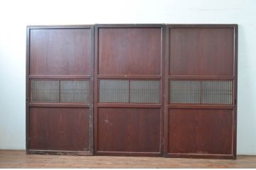 アンティーク建具　和の趣溢れるガラス入り格子帯戸3枚セット(引き戸、格子戸)(R-080458)