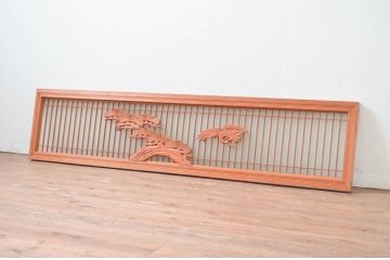 アンティーク建具　松に鶴の彫刻入り　片面ガラスの筬欄間1枚(明かり取り、明り取り、オサランマ、おさらんま、格子欄間)(R-080465)